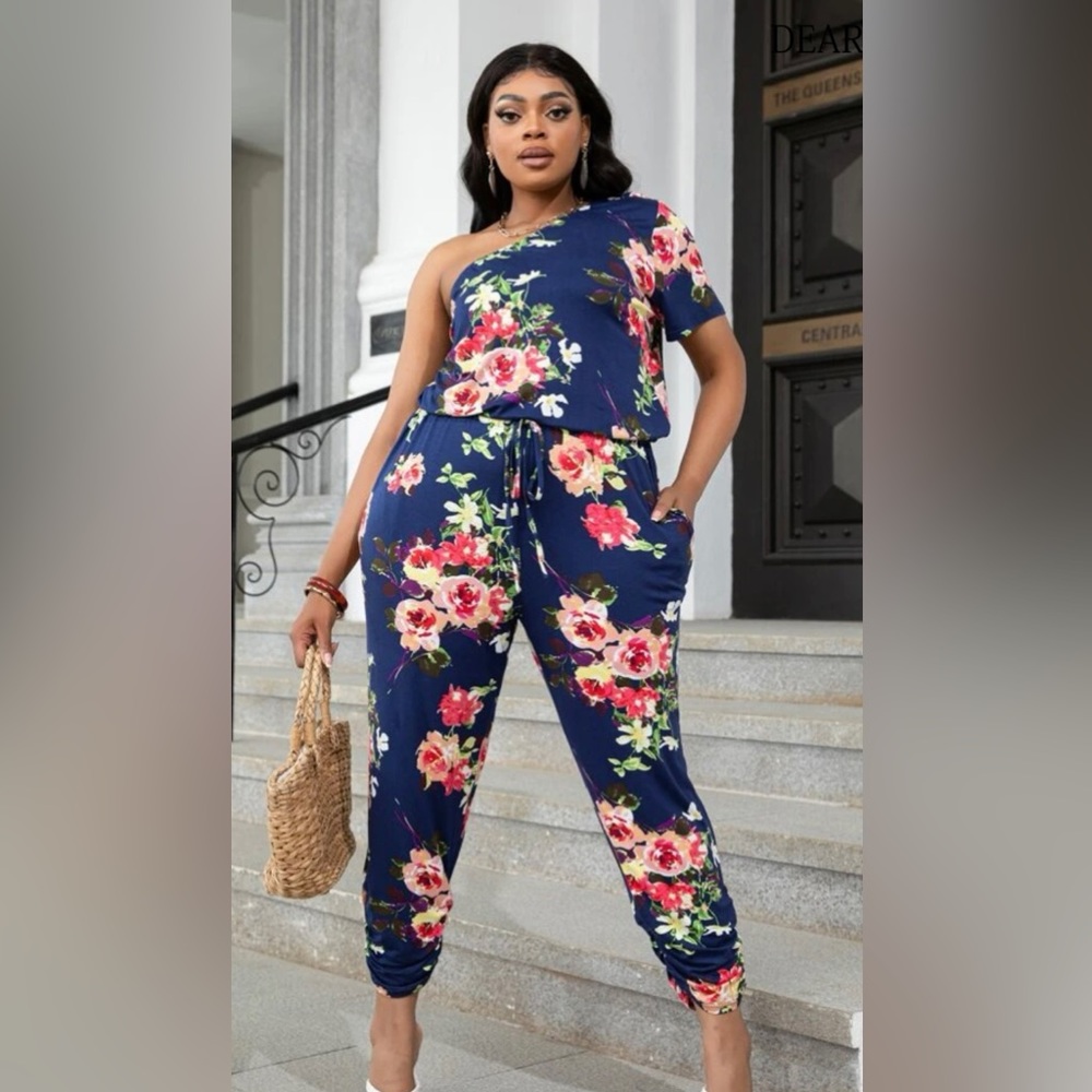 Plus Size 18 Blue Floral One Shoulder Jumpsuit with Tie Waist NWOT